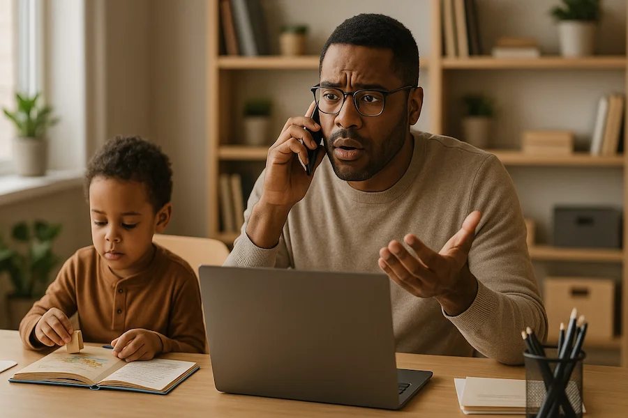 Busy parent juggling work and childcare decisions