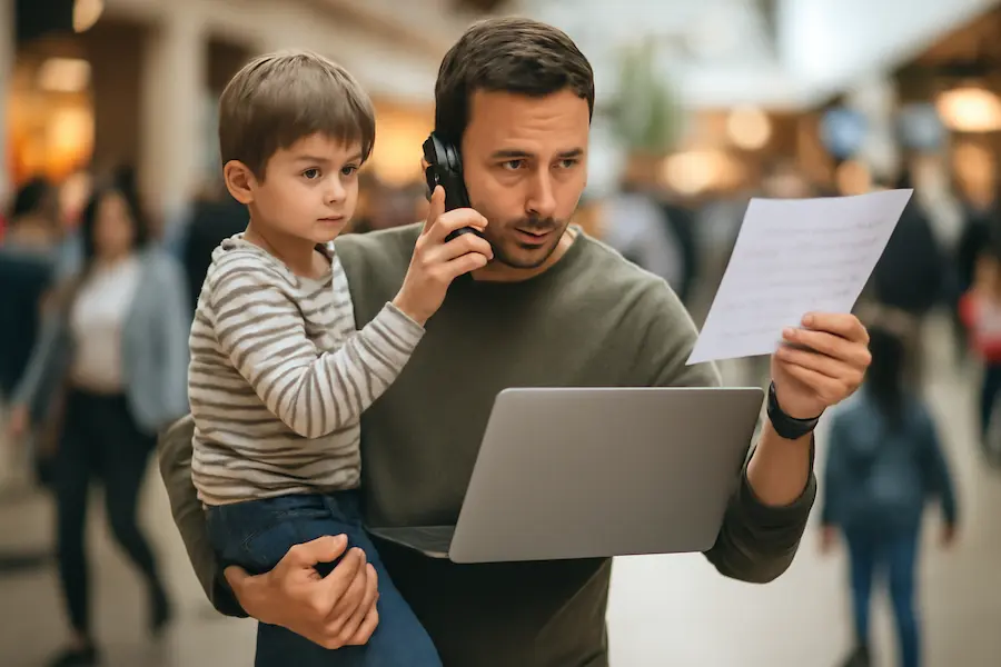 Parent juggling phone, laptop, and child pickup schedule