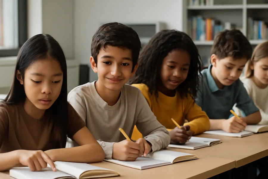 Children from different cultures learning together in classroom