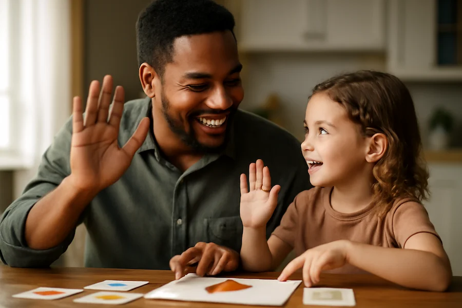 Parent and child practicing different language greetings